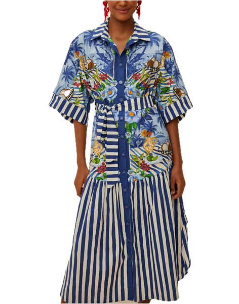 Farm Rio Women's Blue Fresh Table Scarf Midi Dress