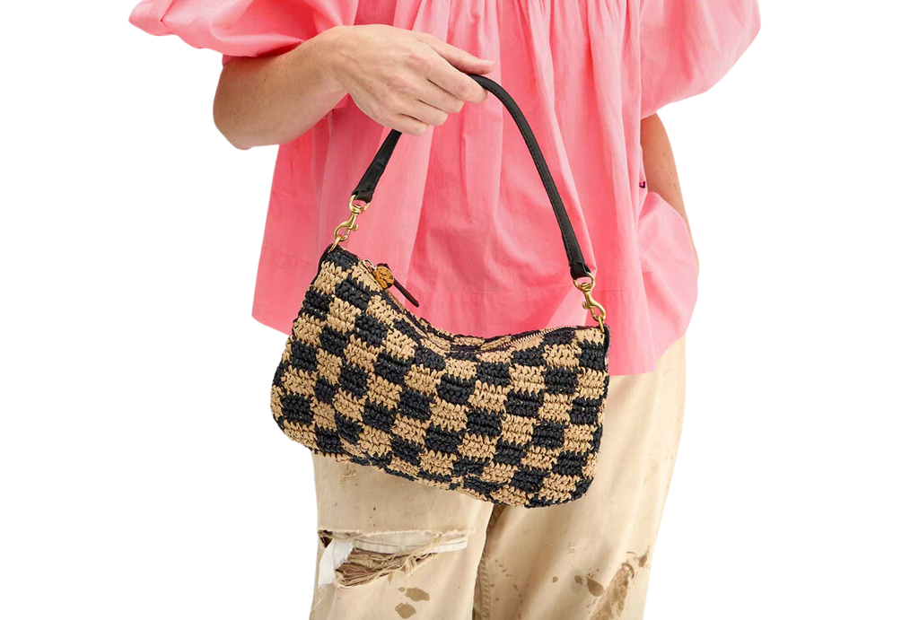 Petit moyen messenger - black & natural checker raffia