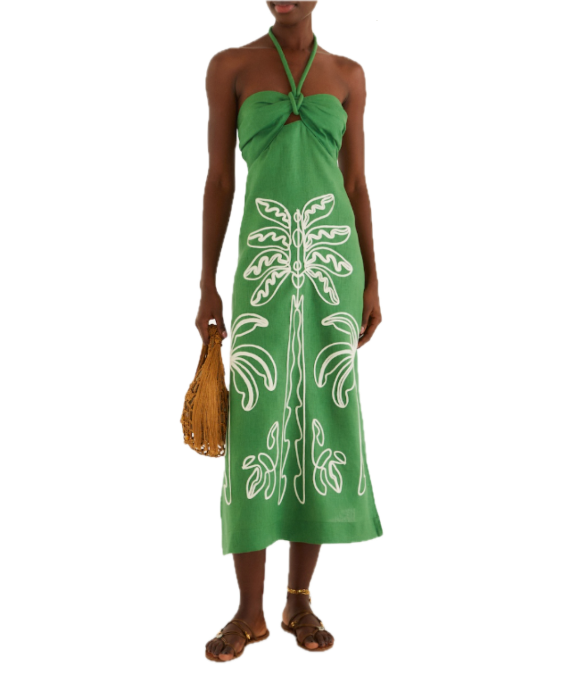 palm tree midi dress Green palm tree embroidery sleeveless midi dress
