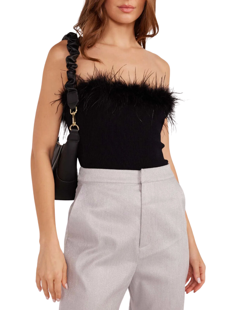 Aster feather trim top - black